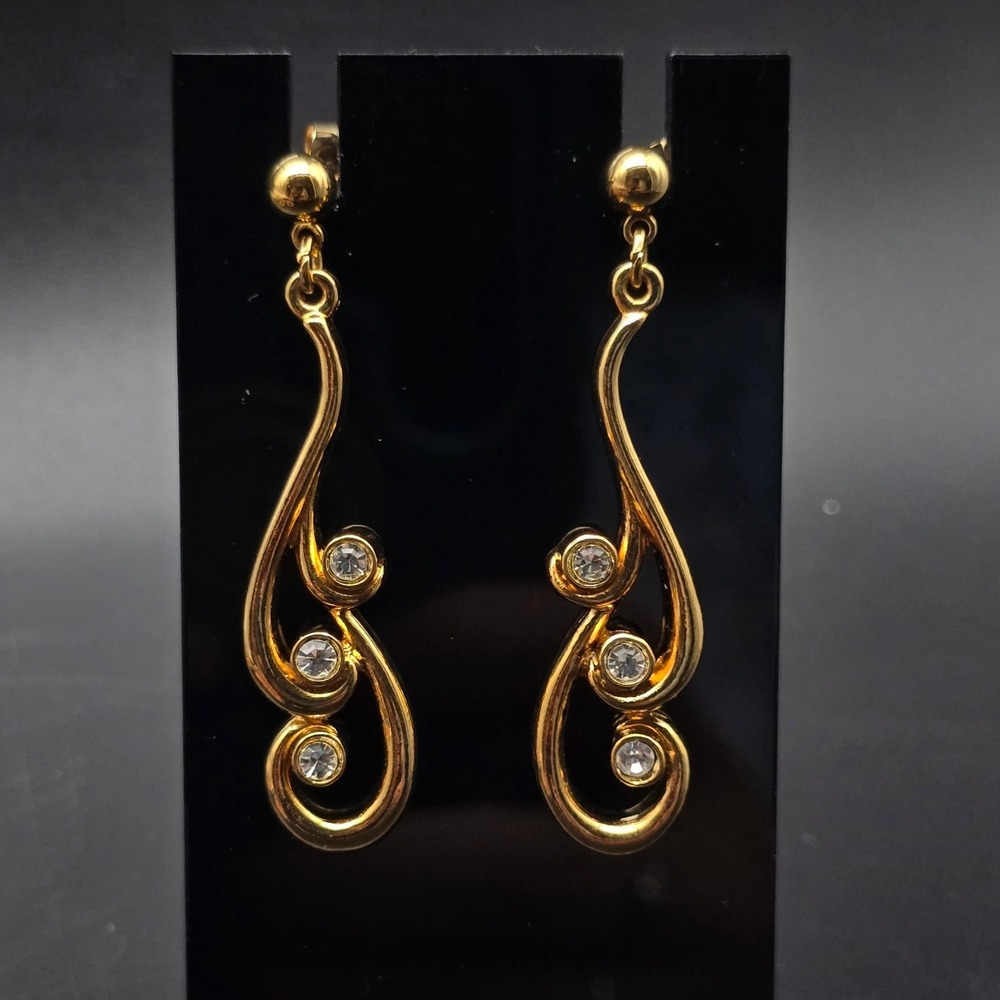 Avon 1991 Melody Dangle Earrings Gold Tone Swirl Rhinestone Pierced Dangle